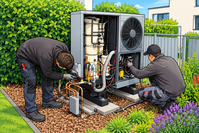Zwei Heizungstechniker montieren eine neue Wärmepumpe im Vorgarten eines Wohnhauses