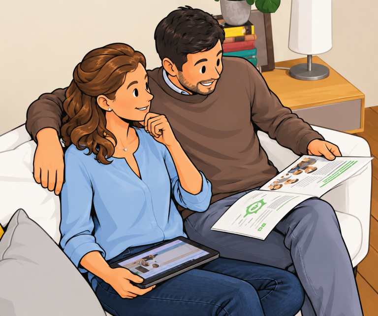 Junges Paar sitzt auf einem weißen Sofa und liest in einer Broschüre und einem Tablet