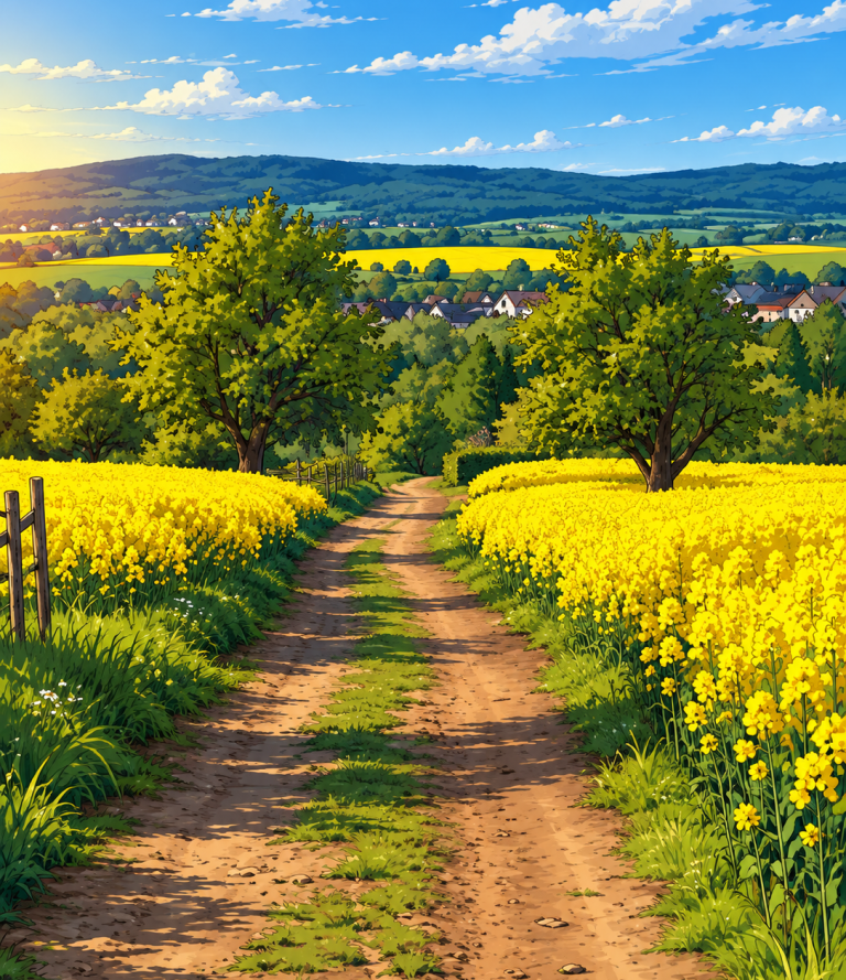Feldweg durch Rapsfelder im Sonnenschein mit Blick auf die Höhenzüge des Taunus 