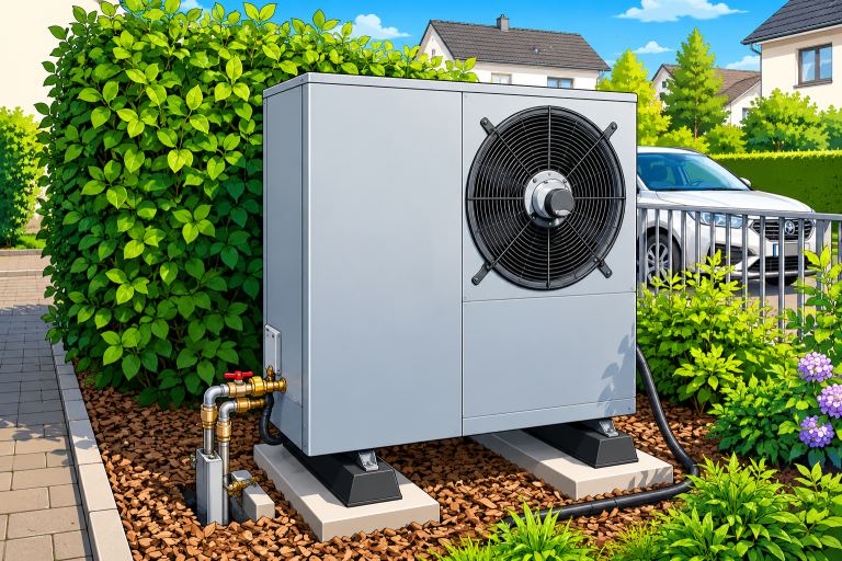 Mitarbeiter von Heizungsbau Oberhessen präsentieren die fertig montierte Wärmepumpe