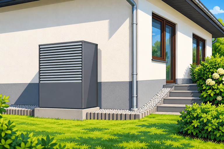 Wärmepumpe an der Hauswand eines Einfamilienhauses