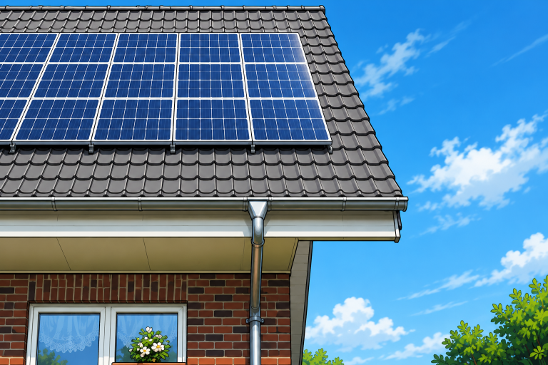 Solarpanele auf einem grauen Dach eines verklinkerten Hauses